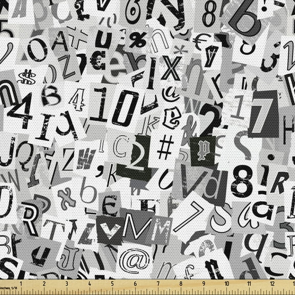 Ambesonne Letter Fabric by the Yard Upholstery, Collage Style Alphabet, 10 Yards, Pale Grey Black White