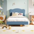 thumbnail image 1 of QinaQin Cama individual infantil con cabecera ondulada, tapizado de terciopelo y listones de madera resistentes, diseño de plataforma que no requiere box spring, 1 of 8