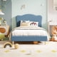 thumbnail image 1 of QinaQin Cama individual infantil con cabecera ondulada, tapizado de terciopelo y listones de madera resistentes, diseño de plataforma que no requiere box spring, 1 of 8