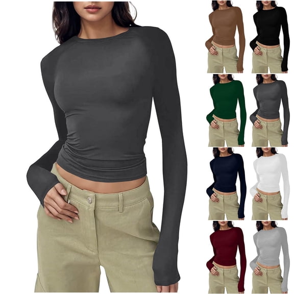 QATAINLAV Dark Blue Long Sleeve Shirts for Women Casual Crew Neck Going Out Basic Crop Tops Solid Color Slim Fit Workout Shirt
