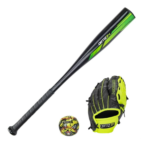 Ortiz34 Homerun Kids Tee Ball Set- David Ortiz 3-in-1 Aluminum Baseball Bat, Baseball, & Youth Baseball Glove Bundle (Made for Youth/Kids) (Volt)