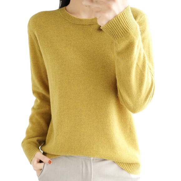 Dowegor Chandails Légers pour Femmes, Manches Longues, Col Rond, Léger, Doux, Tricoté, Chandail en Coton, Jaune 2TG