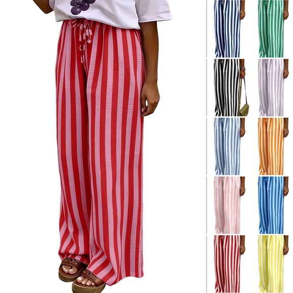 Evdexr Women's Wide Leg Pants Striped Drawstring Palazzo Pants Summer 2026 Oversized Lounge Trousers Baggy Straight High Waisted Vacation Pant S