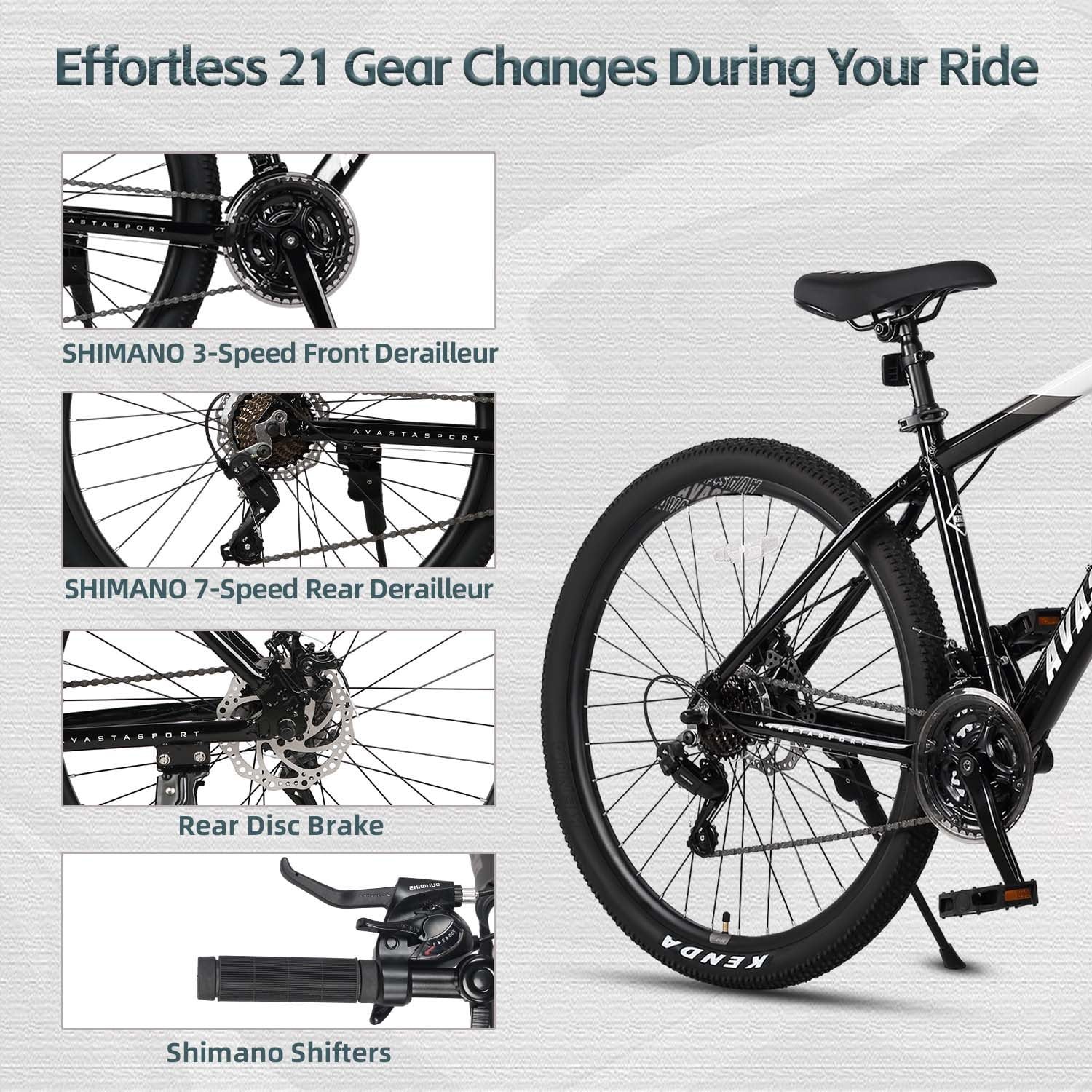 AVASTA 26-inch Mountain Bike for Man Male and Woman Female Adult with Lightweight Aluminum Alloy Frame and Dual Disc Brakes,Front Suspension,21-Speed Gear Shifters,Hidden Brake Cables,Color White