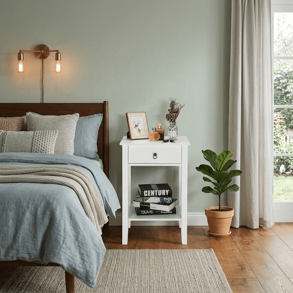 18.11 Inch White Nightstand with Drawer and Open Shelf, Modern Bedside End Side Table with Ring Pull, Wooden Sofa Accent Table Storage Organizer for Bedroom Living Room Small Spaces
