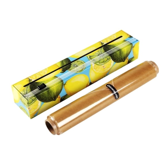 ChicWrap Lemon Plastic Wrap Dispenser - Refillable Food Wrap System with Slide Cutter, Non-Slip Base and 12 x 250' Roll of Professional Grade Plastic Wrap