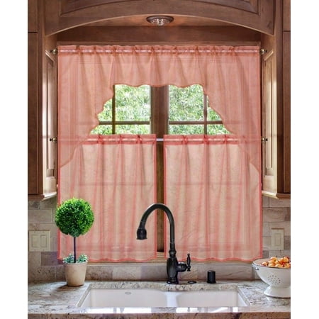 K66 BRICK 3-PC Luxurious Sheer Organza Kitchen Rod Pocket Window Curtain Treatment Set, Beautiful Solid Tier Panels with Matching Valance