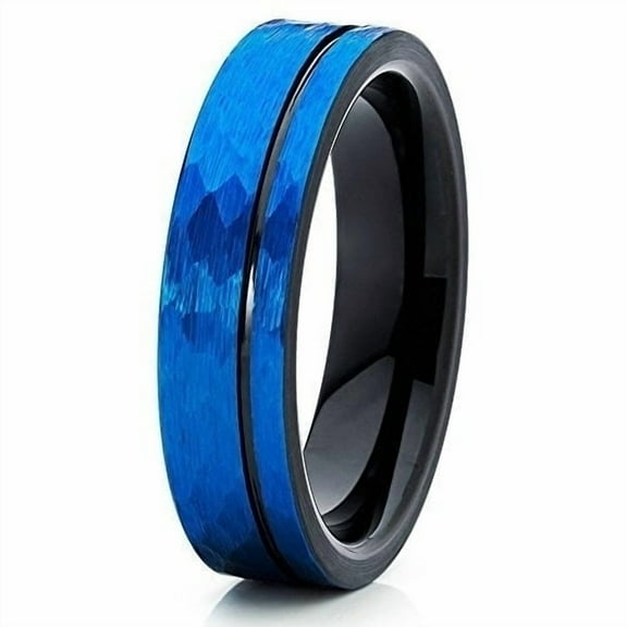Silly Kings Jewelry Black Tungsten Ring Hammered Blue Brushed Top 6mm Blue Tungsten Ring Offset Black Groove Comfort Fit