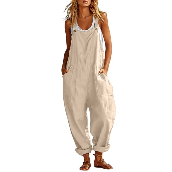 JFGHDG Women's Casual Loose Long Cotton Bib Overalls Baggy Linen Jumpsuits Rompers Wide Barrel Leg Pants with Side Pockets Beige L