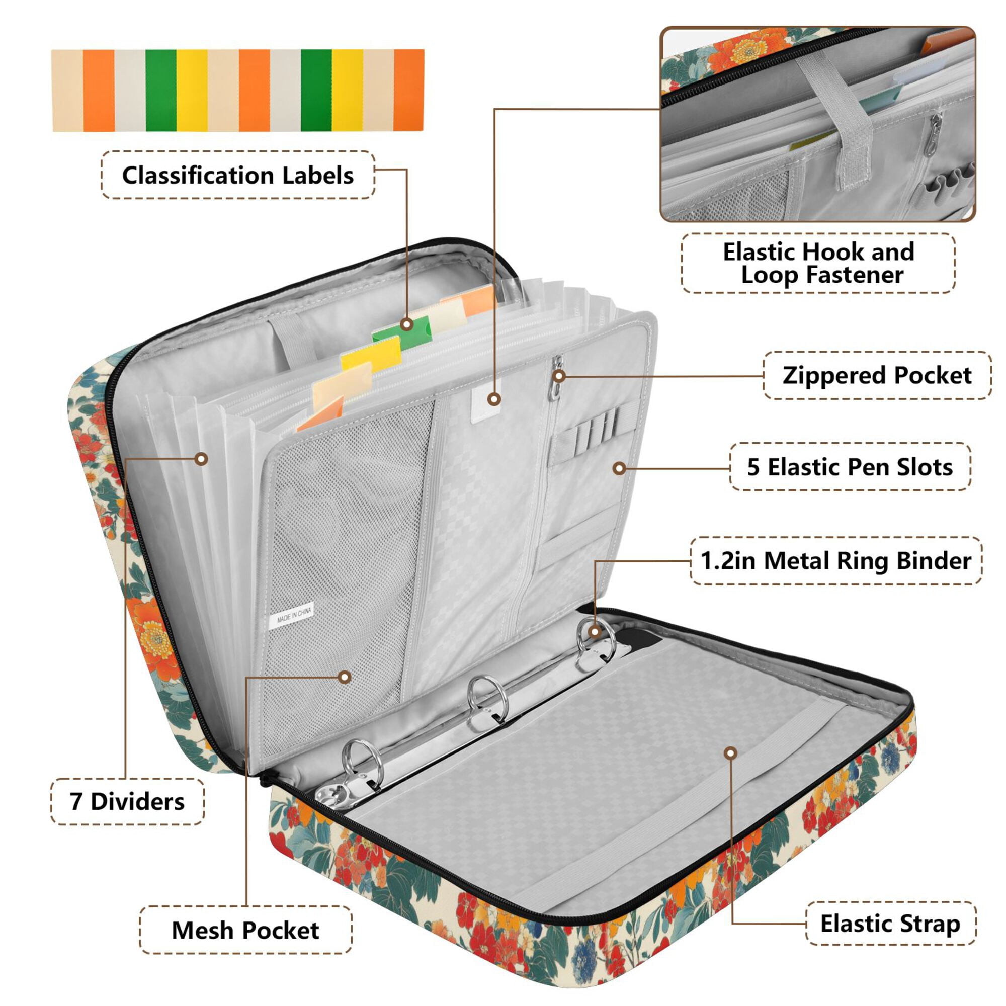 FORMRS Accordion File Folder A4 Size 7-Pocket Expanding Document Organizer Bag with 3 Ring Binder, Orange Japanese Flowers Pattern