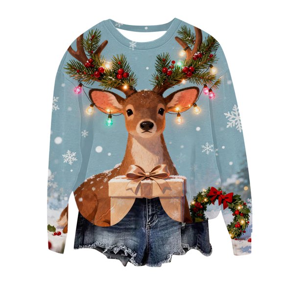 asdoklhq Christmas Womens Flannel Shirt Women's Round Neck Christmas Printed Long Sleeved Tops Shirt Sweatshirts Blouse Red M