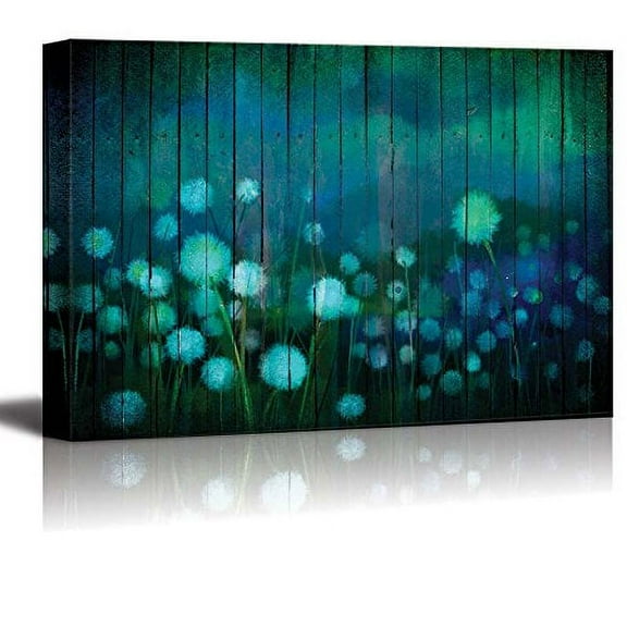 wall26 - Dandelions Over Teal Wooden Panels - Canvas Art Wall Art - 24"x36"