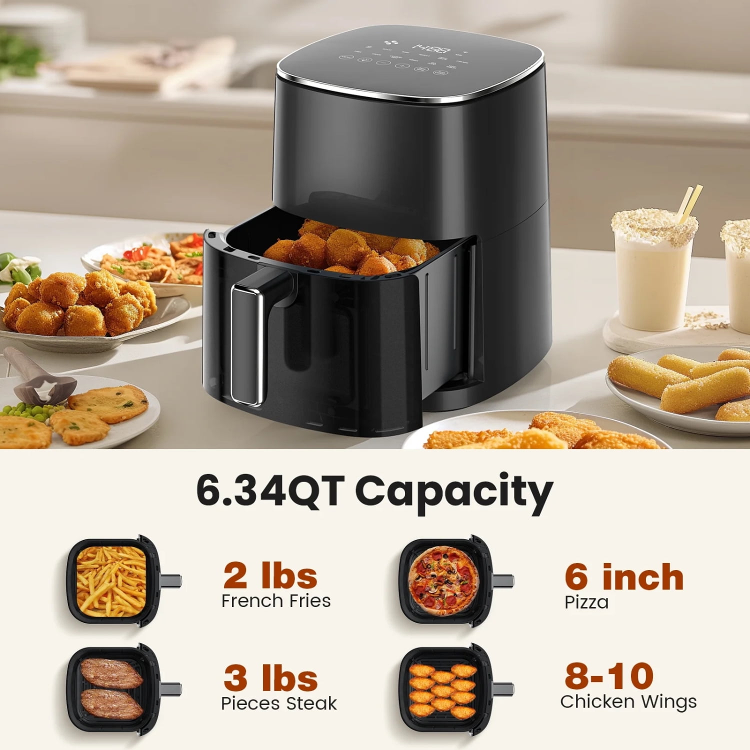 6QT Square Air Fryer with Viewing Window, 12-in-1 Digital Oven for Roast, Bake, Dehydrate, Black