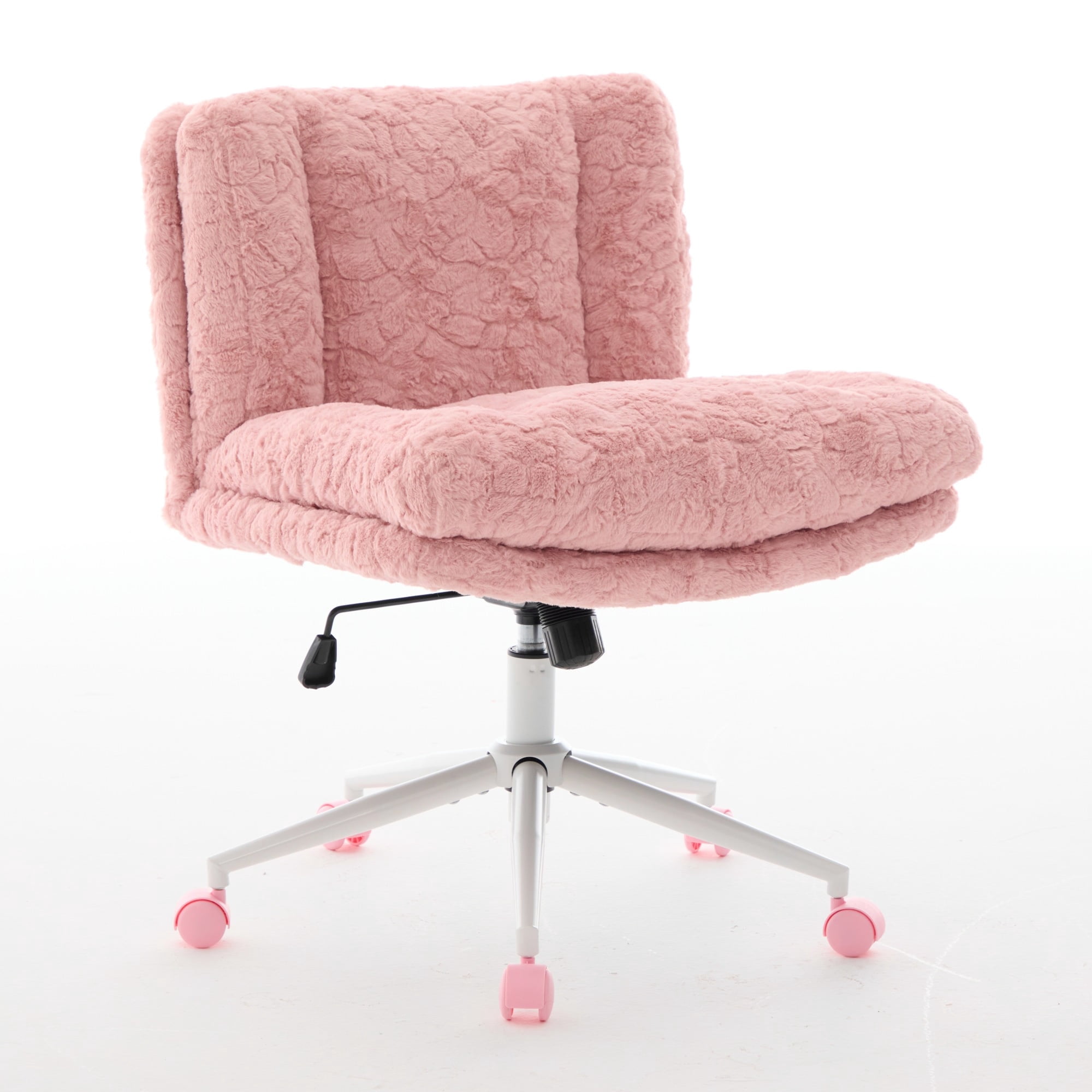 PAPROOS Vanity Chair with Back, 26.4" Wide Armless Home Office Chair with Artificial Rabbit Hair, Metal Base, Adjustable Swivel Ergonomic Desk Chair with Wheels, Computer Task Seating, Pink