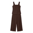 thumbnail image 6 of TEAJOPSUU Womens Summer Linen 2 Piece Solid Sets Matching Travel Outfits Sleeveless Square Neck Button Down Tank Tops Elastic Wide Leg Capri Pants Sets Brown, 6 of 6
