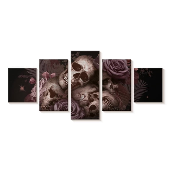 Elephant Stock Floral Skull Pile Wall Art - Horizontal Multi Panel Canvas - Living Room Wall Decor - Gothic Multi Panel - Black And Pink Decor - 29" x 12"