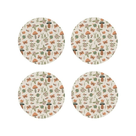 

Junzan Forest Mushrooms Insects Print Coasters for Drinks - Leather Coasters Set of 4 for Coffee Table for Housewarming/Kitchen/Bar/Decor-Round Shape
