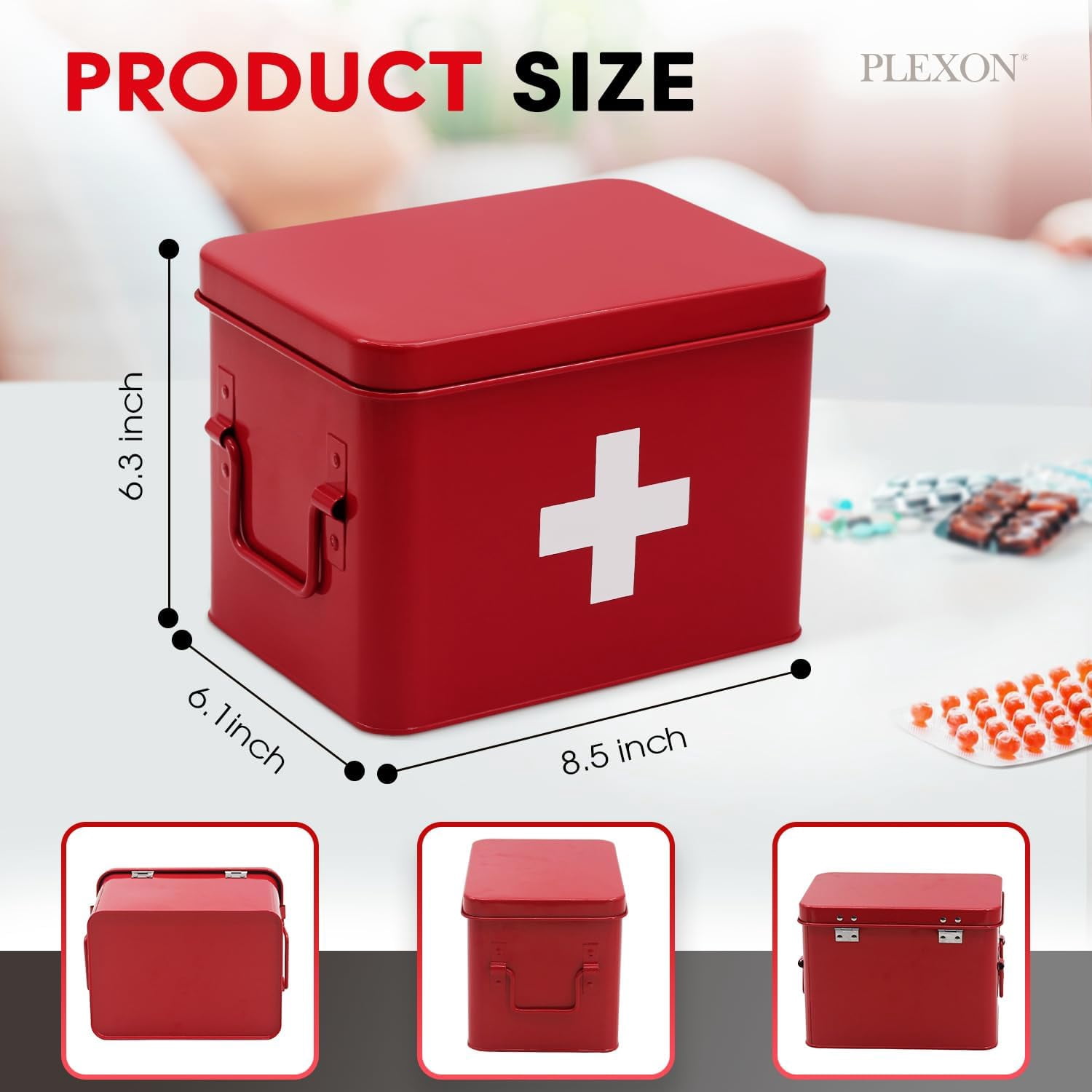 Plexon 8.5" Metal First Aid Box Empty, Medicine Storage Bin with Lid, Emergency Supplies Organizer, Portable First Aid Kit Case, Red