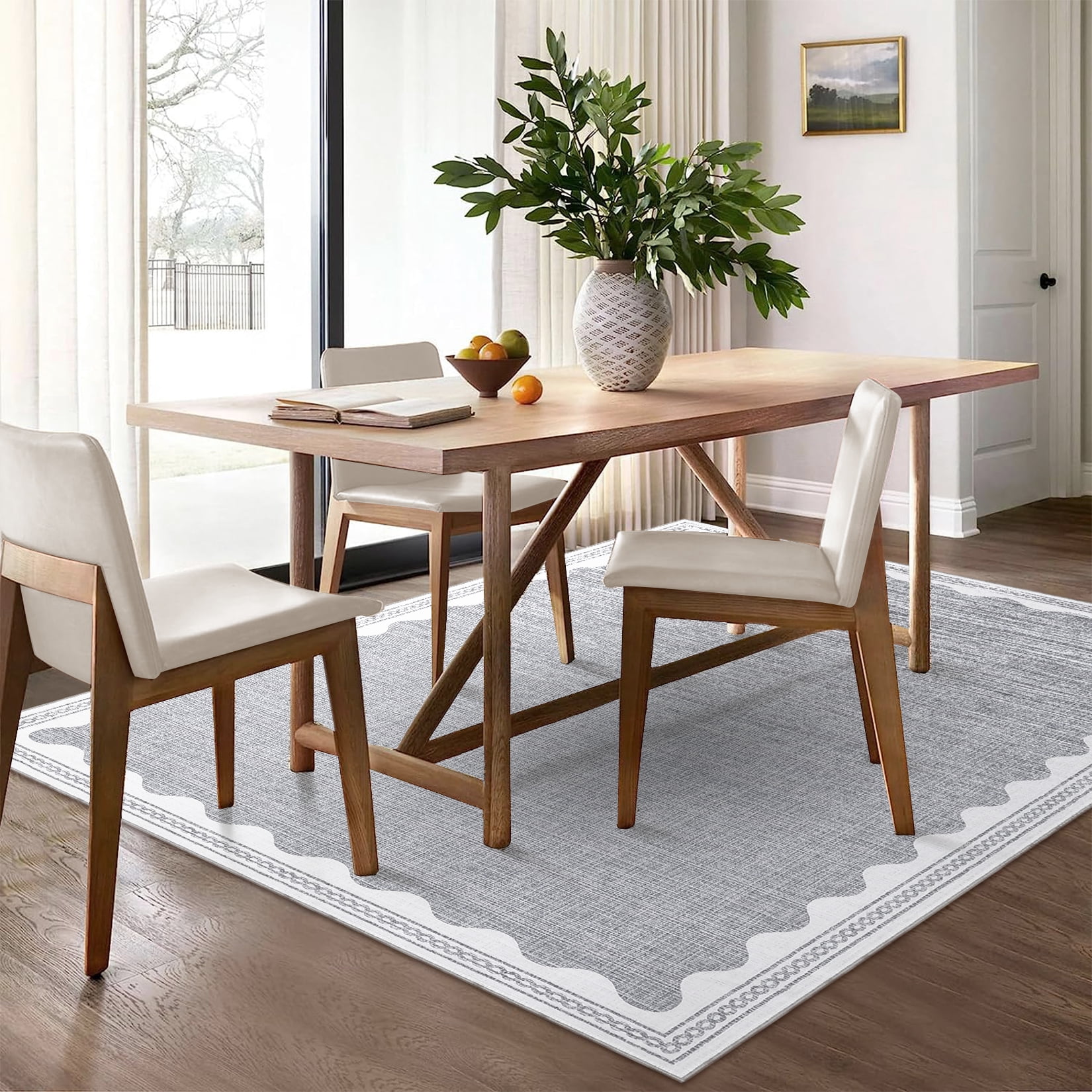 GlowSol 8'x10' Area Rug Washable Modern Scalloped Bordered Pattern Rugs for Living Room Bedroom Soft Non-Slip Low Pile Rug, Gray