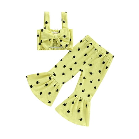 

Qtinghua Toddler Baby Girls St. Patrick s Day Clothes Sleeveless Four-Leaf Clover Print Bowknot Vest Tops+Flared Pants Outfits Yellow 4-5 Years
