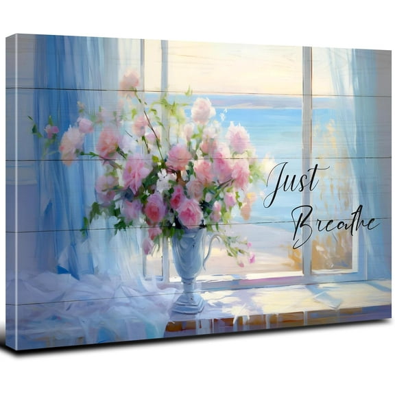 Aaheei Window Beach Wall Art Flower Painting with Just Breathe Picture for Bedroom Bathroom Decor Rustic Country Blue Seascape Canvas Prints Posters Modern Artwork Kitchen Home Decorations 8 x 10 in