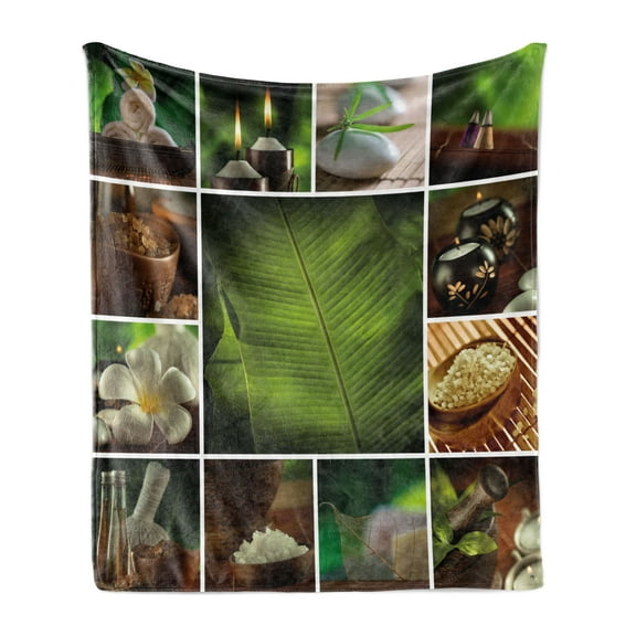 Spa Soft Flannel Fleece Throw Blanket, Collage of Candles Stones Herbal Salts Towels Botanic Plants Design Print, Cozy Plush for Indoor and Outdoor Use, 50" x 70", Green White and Brown, by Ambesonne