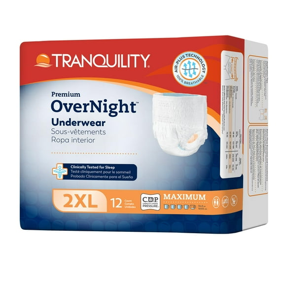 Tranquility Premium OverNight Disposable Absorbent Underwear (48 Count) - 2XL, 62-80 in. Waist - Maximum Absorbency, All-Night Sleep, Breathable Comfort, 48 Adult Diapers