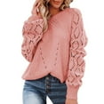 thumbnail image 2 of Sweaters for Women Crewneck Crochet Lace Long Sleeve Hollow Out Cable Knit Pullover Sweaters Tops Winter Fall Clothes 2023 Pink, 2 of 5