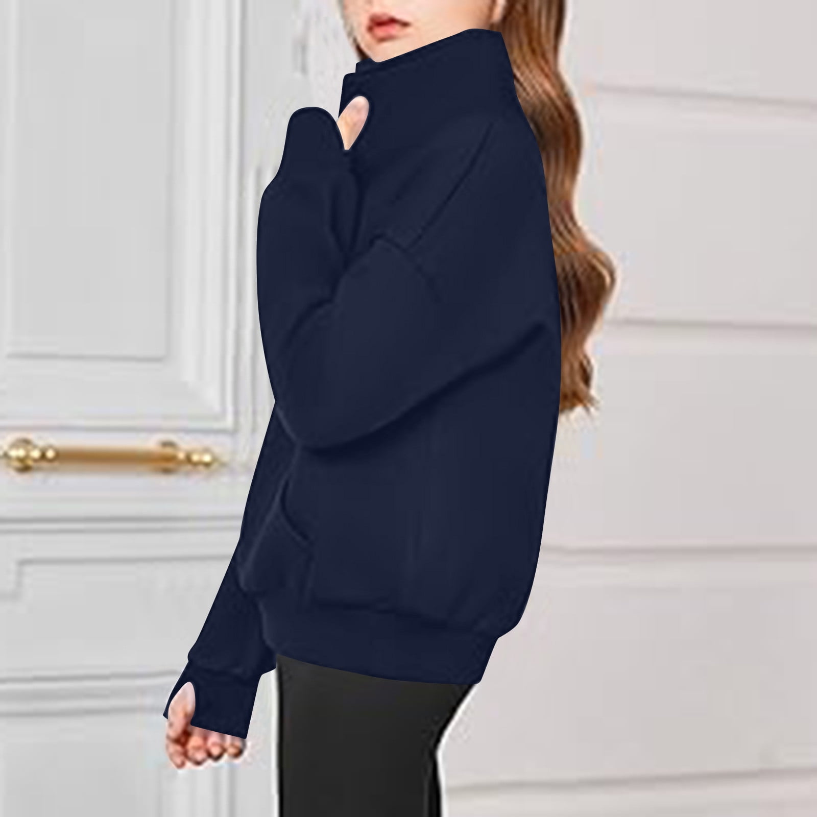 Feancey Girls Quarter Zip Sweatshirt Oversized Long Sleeve Stand Collar Pullovers Fall Winter Casual Fleece Sweatshirts with Thumbholes Navy 160