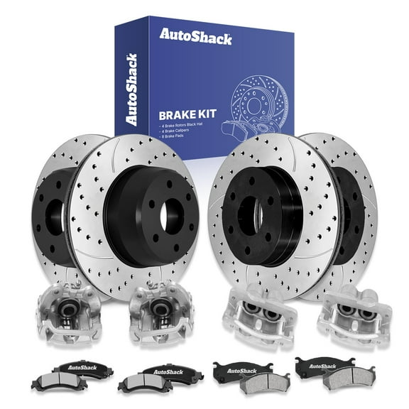 AutoShack Front Vented & Rear Vented Drilled & Slotted E-Coated Brake Rotors   Ceramic Pads   Calipers 16-PC Brake Kit Replacement for 2000-2001 GMC Yukon XL 1500 2002 GMC Sierra 1500 ShadowGuard