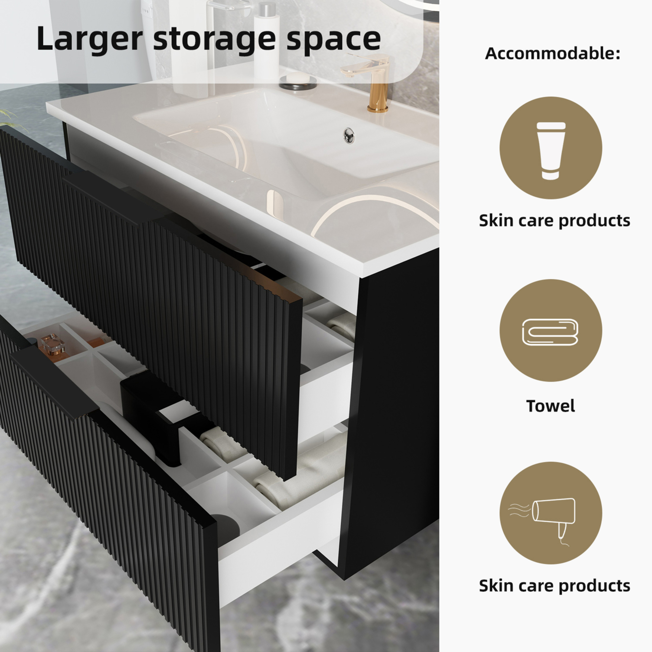 Noble House 24" Wall Mounted Floating Bathroom Vanity with Sink, 2 Drawers, Modern Cabinet, Matte Black