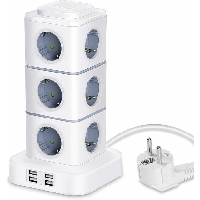 Power Strip Tower, 12 Electrical Power Strip Sockets (2500W / 10A) with 4 USB Ports, Multi Electrical Sockets, Vertical Power Strip Surge Protector for Home Office, 3M Extension Cord