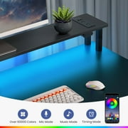 Greenstell 55 inch Computer Desk with Monitor Shelf, LED Lights, Power Outlets & 5 Storage Drawer, Home Office Desk, Black