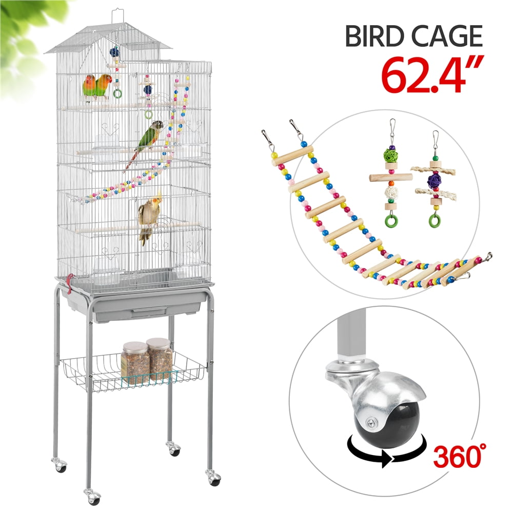 Alden Design 62.4" H Rolling Mid-Size Metal Bird Cage with Perches, Light Gray