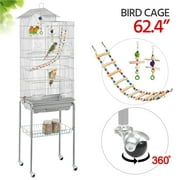 Topeakmart 62.5''H Rolling Metal Bird Cage Large Parrot Cage with with Detachable Stand & Toys, Light Gray