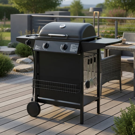 Spaco 30000 BTU Heavy-Duty Propane Gas Grill with Wheels, Stainless Steel Outdoor BBQ Grill with Side Burner, Built-in Thermometer & Easy-Move Casters, Black