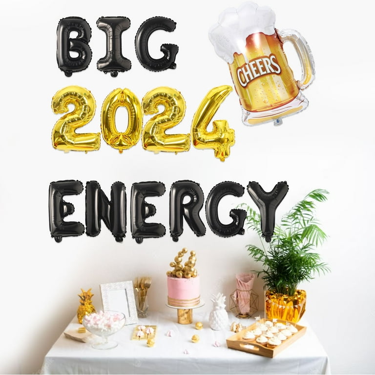 2024 Happy New Year Balloons, Big 2024 Energy New Year Banner Cheers Beer  Foil Balloon, NYE Happy New Year Decorations 