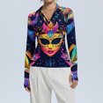 thumbnail image 2 of Womens Mardi Gras Shirts Carnival Feathers Print Long Sleeve Blouse Sequins V Neck Green Tunic Tops Dark Blue L, 2 of 7