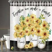 Newhomestyle Rustic Farmhouse Floral Shower Curtain, Buffalo Check Plaid Sunflower Shower Curtains, Yellow Flower Vintage Grey Wooden Board Country Style Fabric Bathroom Curtains 72x72 inches