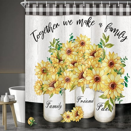 Newhomestyle Rustic Farmhouse Floral Shower Curtain, Buffalo Check Plaid Sunflower Shower Curtains, Yellow Flower Vintage Grey Wooden Board Country Style Fabric Bathroom Curtains 72x72 inches