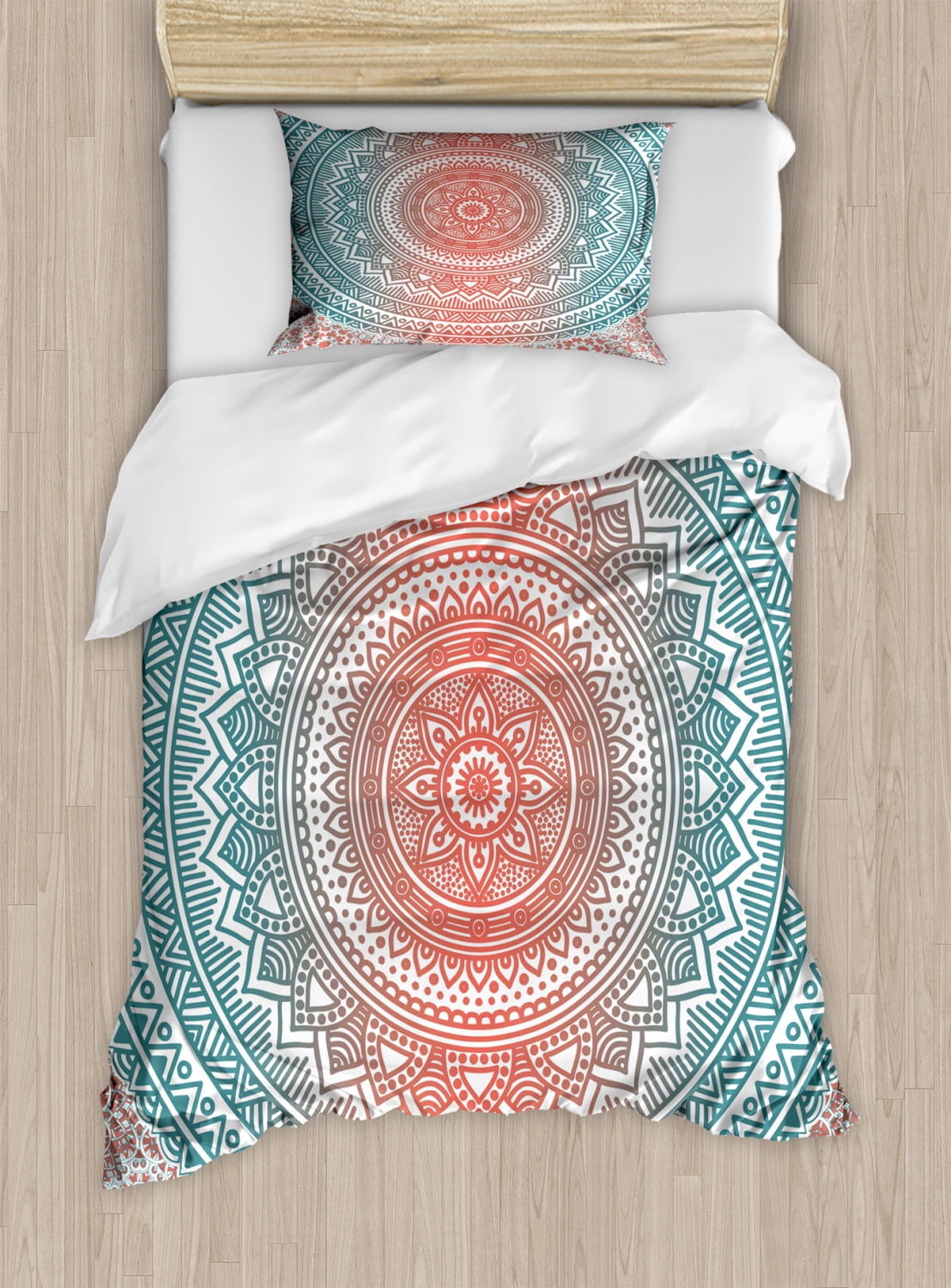 Teal and Coral Duvet Cover Set, Ombre Mandala Art Antique ...