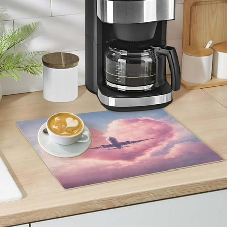 

Airplane Fly Through Heart Cloud Dish Drying Mat 12 x18 Kitchen Counter Dish Pad Microfiber Absorbent Drainer Rack for Coffee Bar
