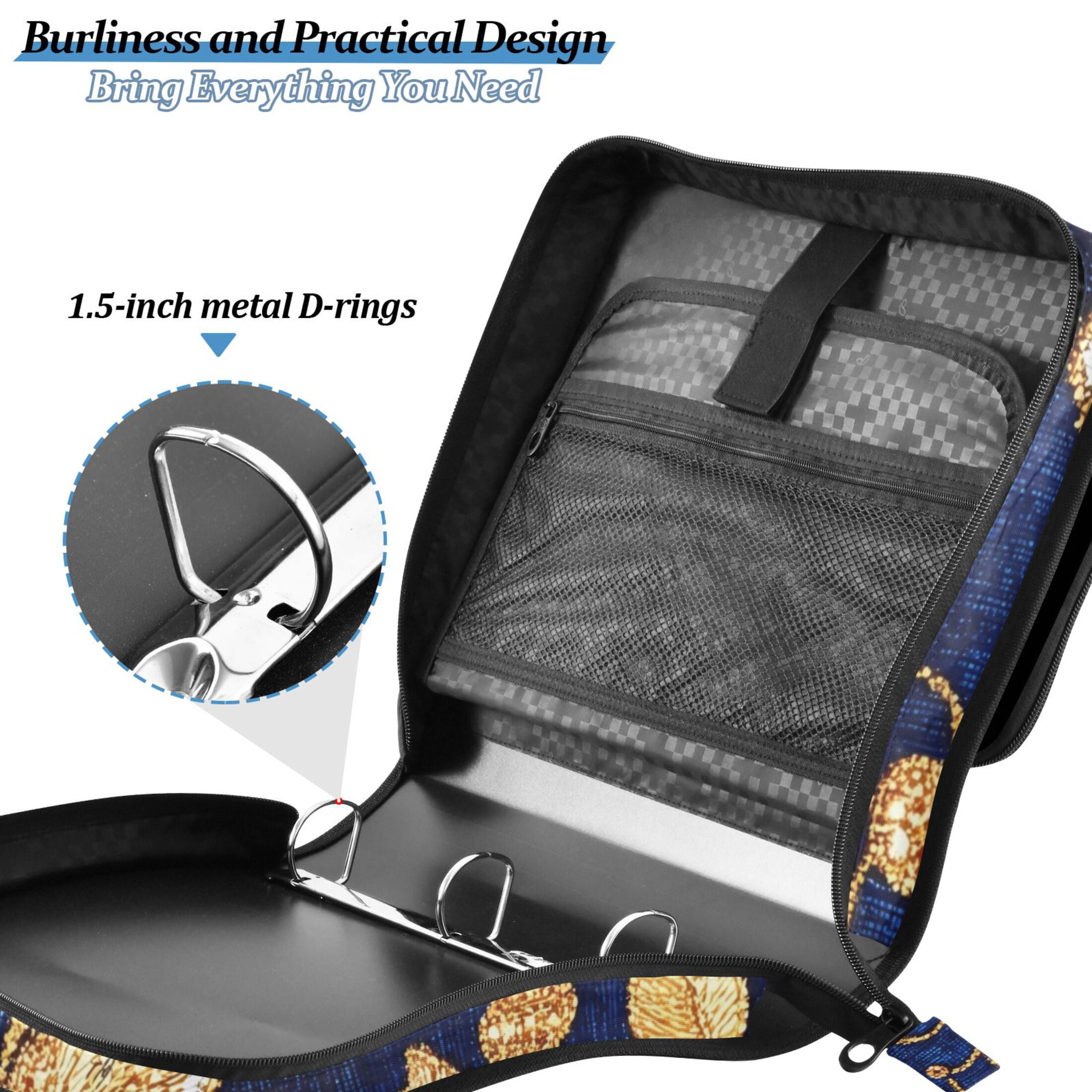 3 Ring Zipper Binder with Shoulder Strap Waterproof Trapper Keeper 2 Inch D-Ring 500 Sheets Capacity Colorful Embroidered Flower