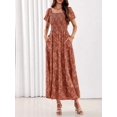 thumbnail image 4 of Orange Boho Floral Maxi Dress Square Neck Short Sleeve Smocked Waist, 4 of 27