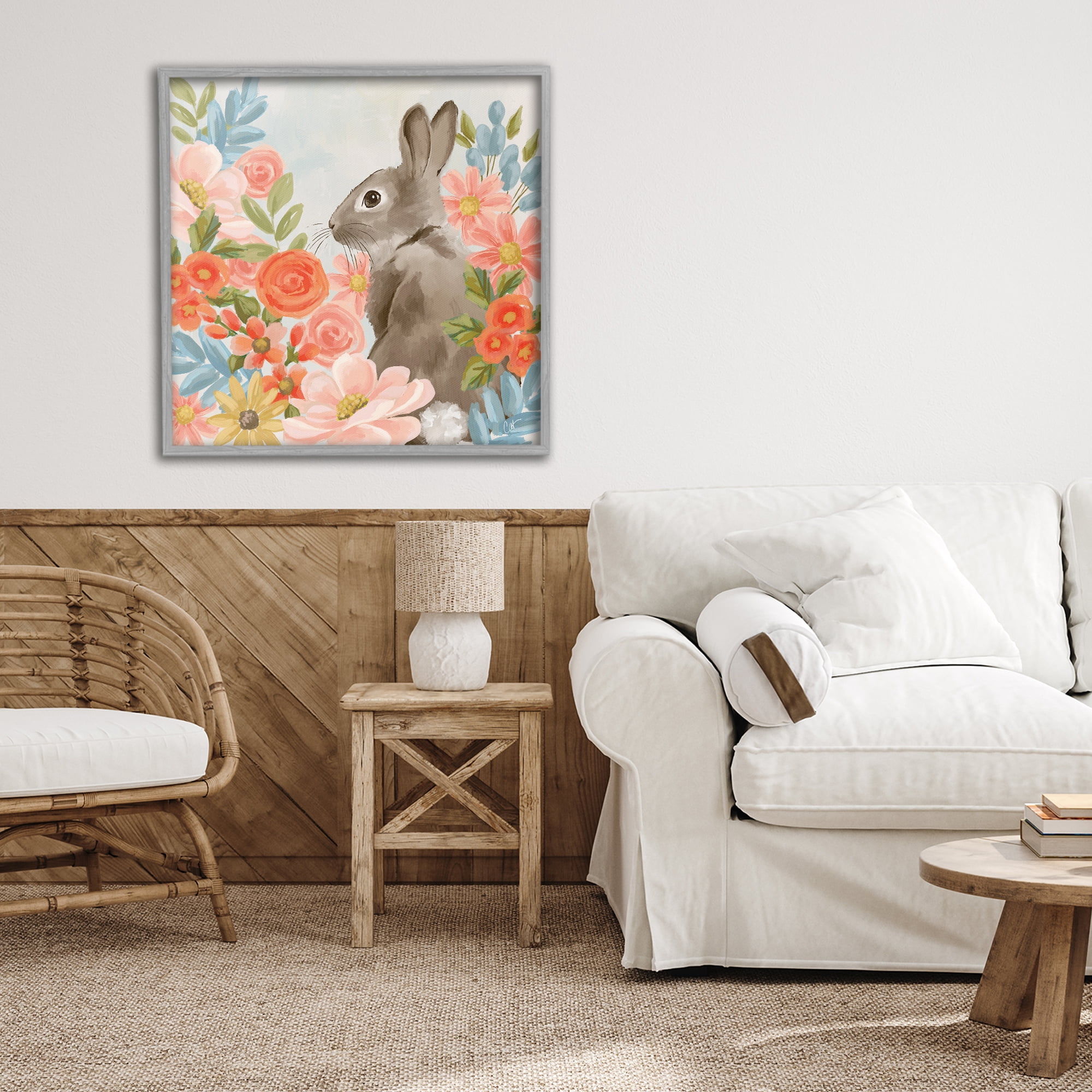 Stupell Industries Bunny In The Blooms Gray Framed Giclee Art, design by Cat Thurman Designs