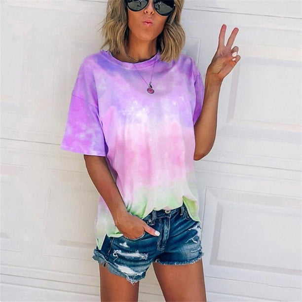Kayannuo Blouses for Women Clearance Tee Shirts for Women Valentine's Day  Women's Summer Tie-Dye Short Sleeve Crew-Neck T-Shirt Casual Tee Tops（S-5XL）  