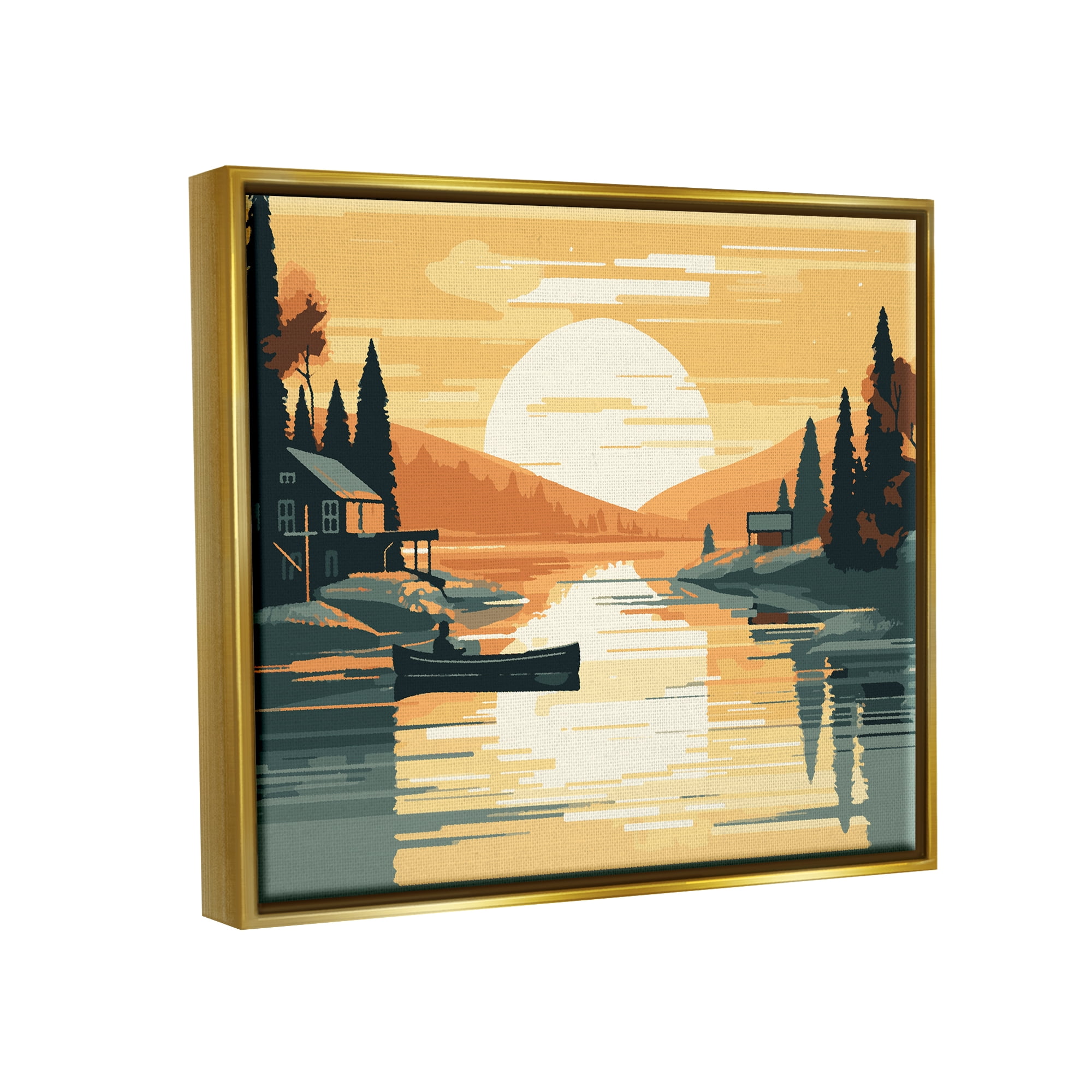 Stupell Industries Sunrise Lake Scenery Landscape Painting Gold Floater Framed Canvas Art Print Wall Art, 21 x 17