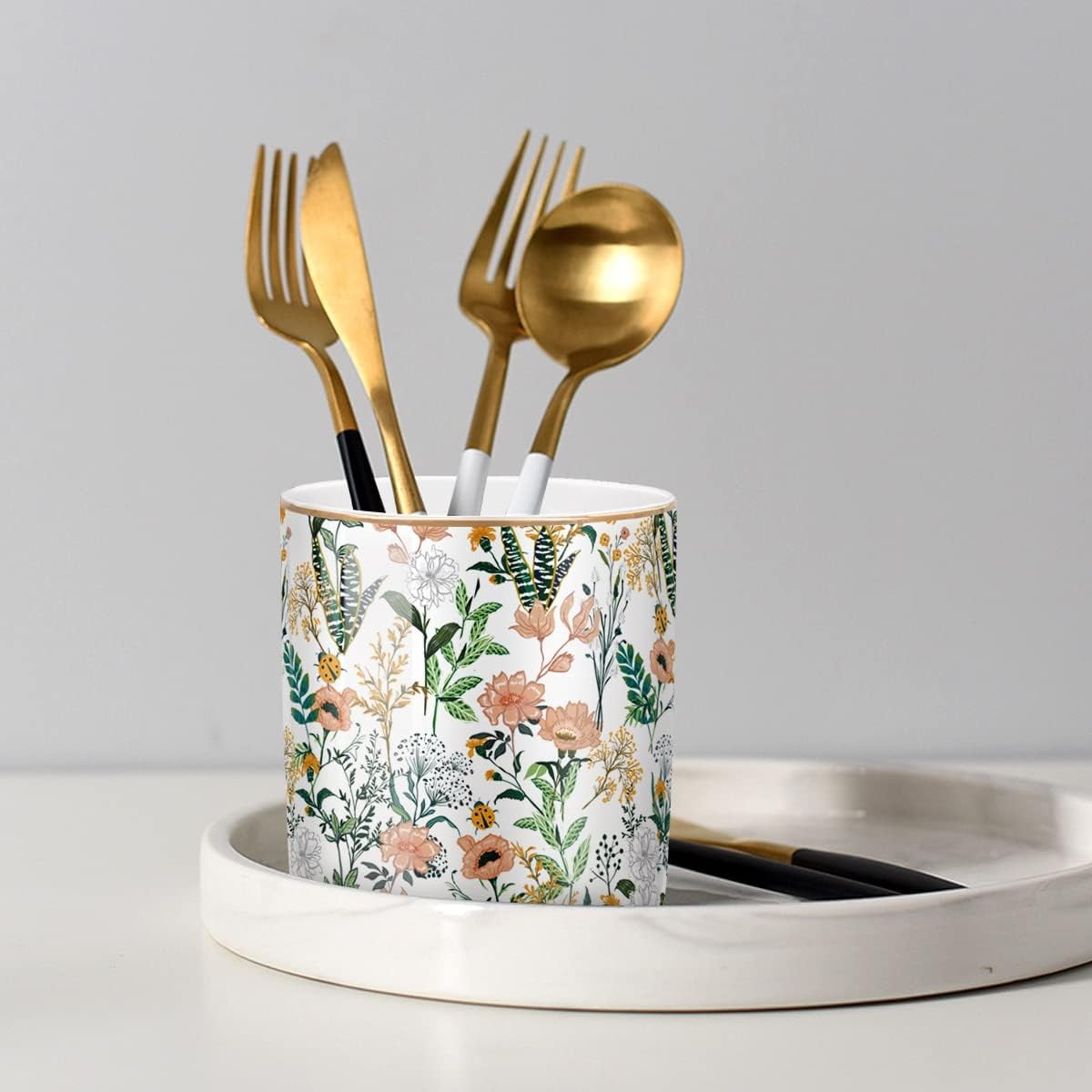 Large Capacity Colored Pen Holder for Desk, Ceramic Pencil Cup Marker Makeup Brush Holders, Desk Accessories & Workspace Organizers Home, Office, White Flower