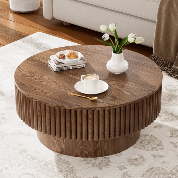 Rophefx 31.5" Round Coffee Table with Storage,Modern Wooden Accent Center Table for Living Room Apartment Small Space,Walnut