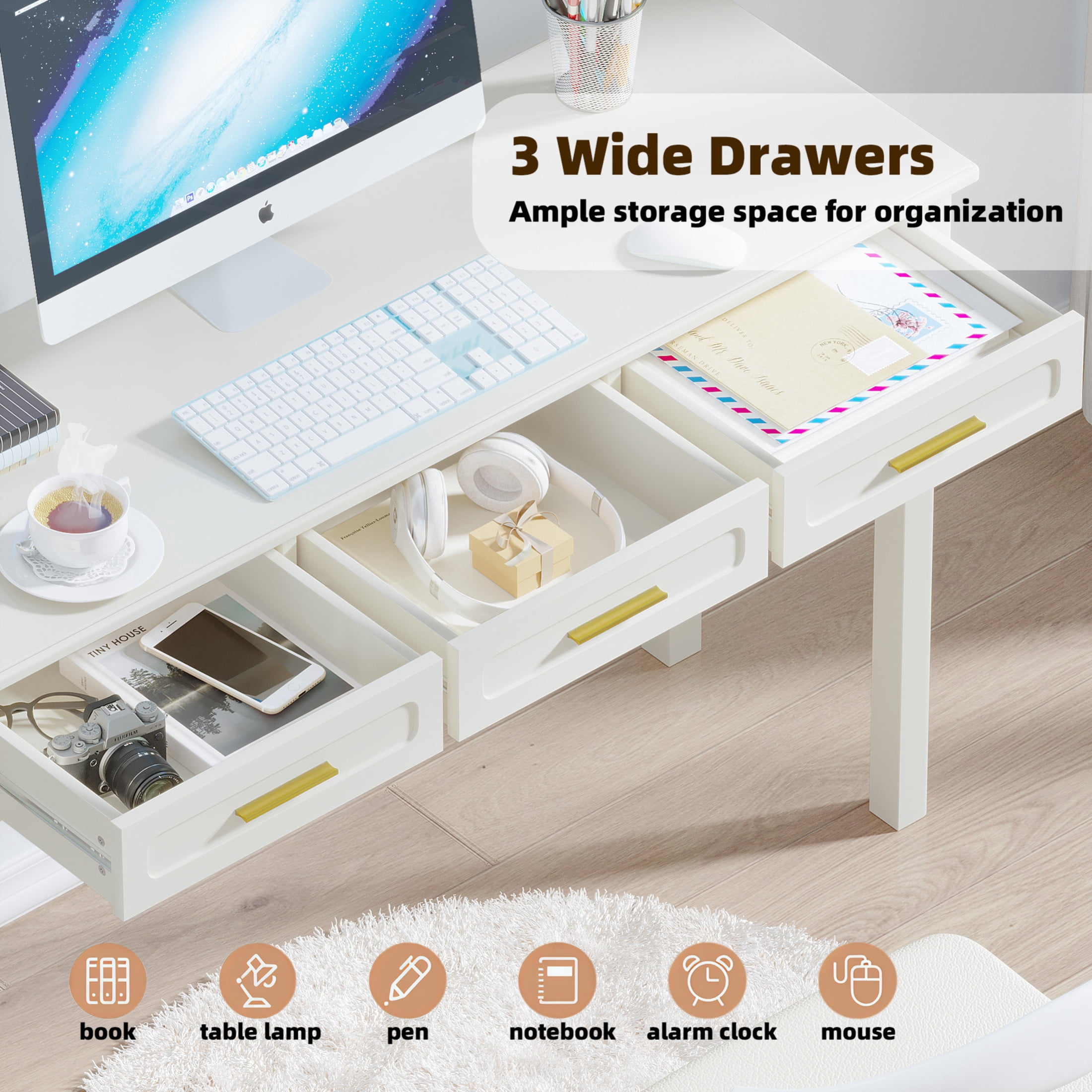 Noble House 47" Multipurpose Vanity Desk, Modern Makeup Table with 3 Drawers and High-Gloss Finish, White